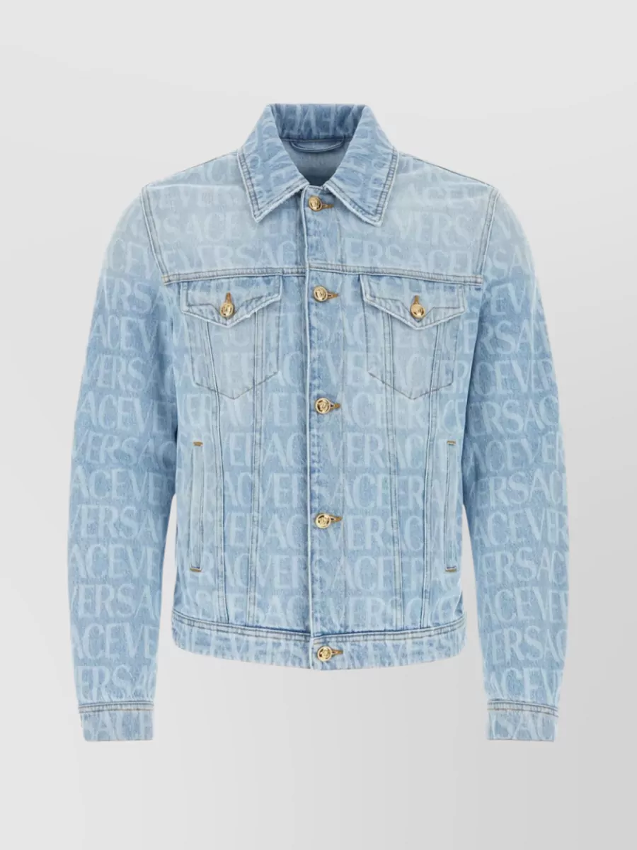 Shop Versace Allover Denim Jacket With Front Print And Baroque Back In Pastel