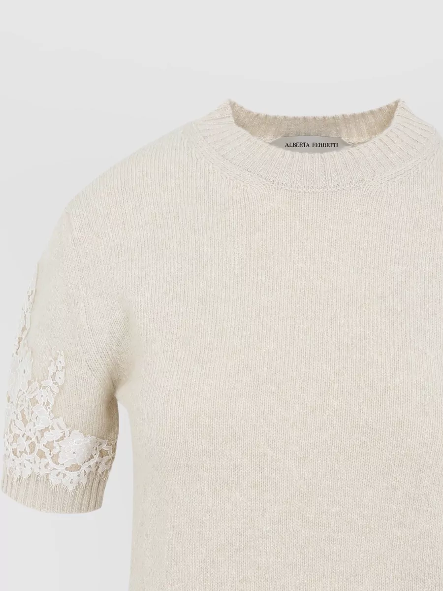 Alberta Ferretti Cashmere Mock Neck Ribbed Knit T-Shirt
