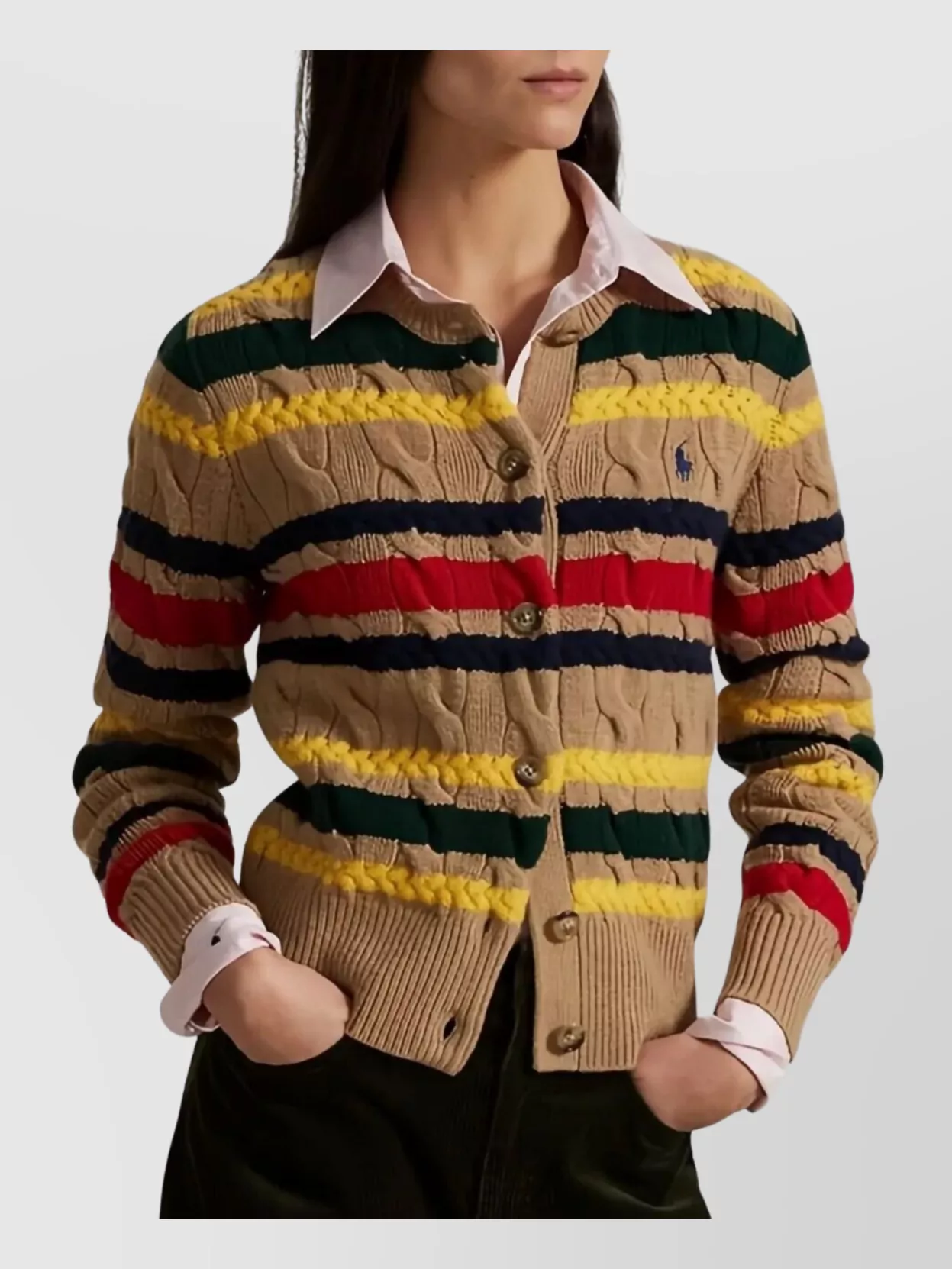 Polo Ralph Lauren Striped Cable Knit Cardigan With Ribbed Cuffs And Hem