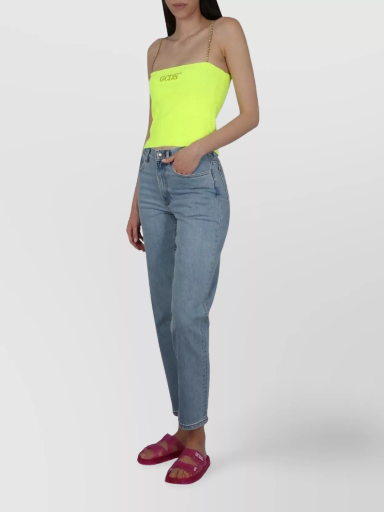 Gcds Crystals Cropped Ribbed Spaghetti Straps