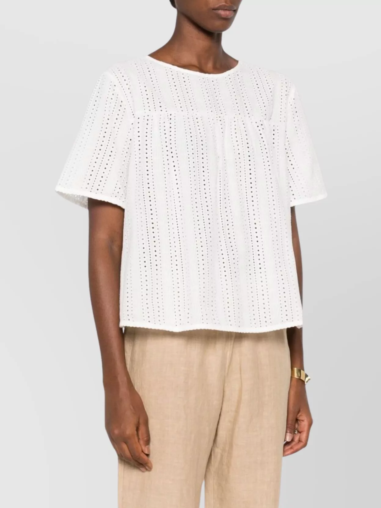 Weekend Max Mara Sleeves Round Neck Eyelet Pattern Top In White