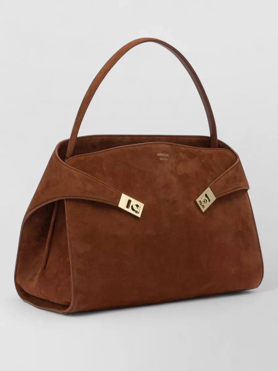 Ferragamo Shoulder Bag Gold Tone Hardware Suede Handle