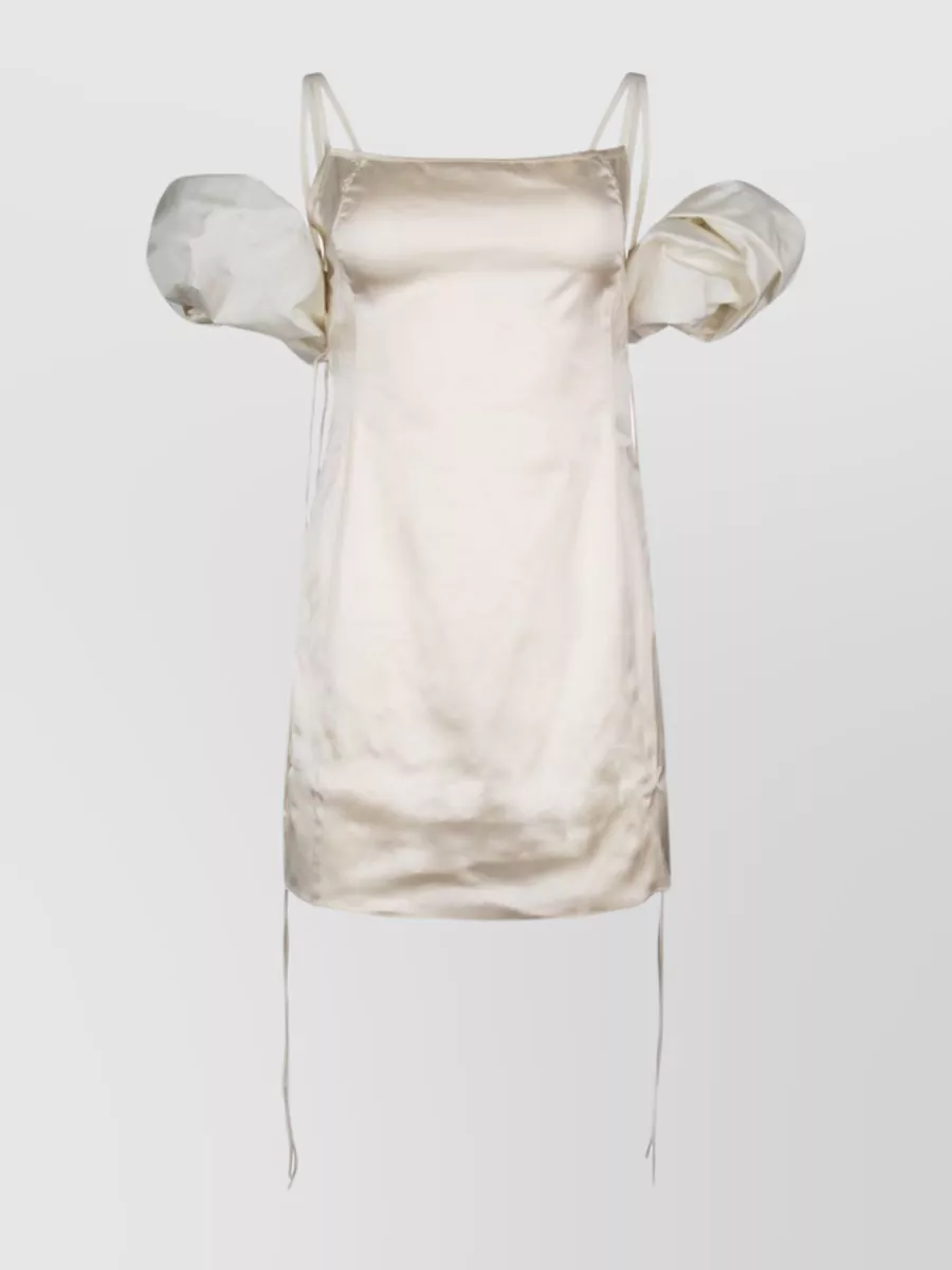 Shop Jacquemus Satin Puff Sleeve Dress In Cream