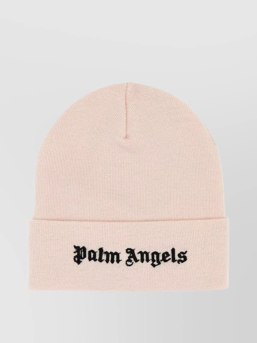 Shop Palm Angels Cotton Knit Logo Beanie With Ribbed Cuff In Pastel