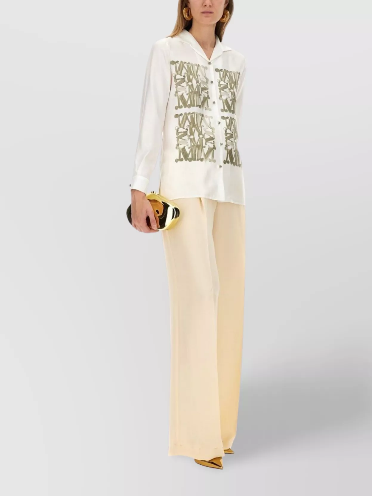 Max Mara Graphic Print Long Sleeve Collared Shirt In Neutral