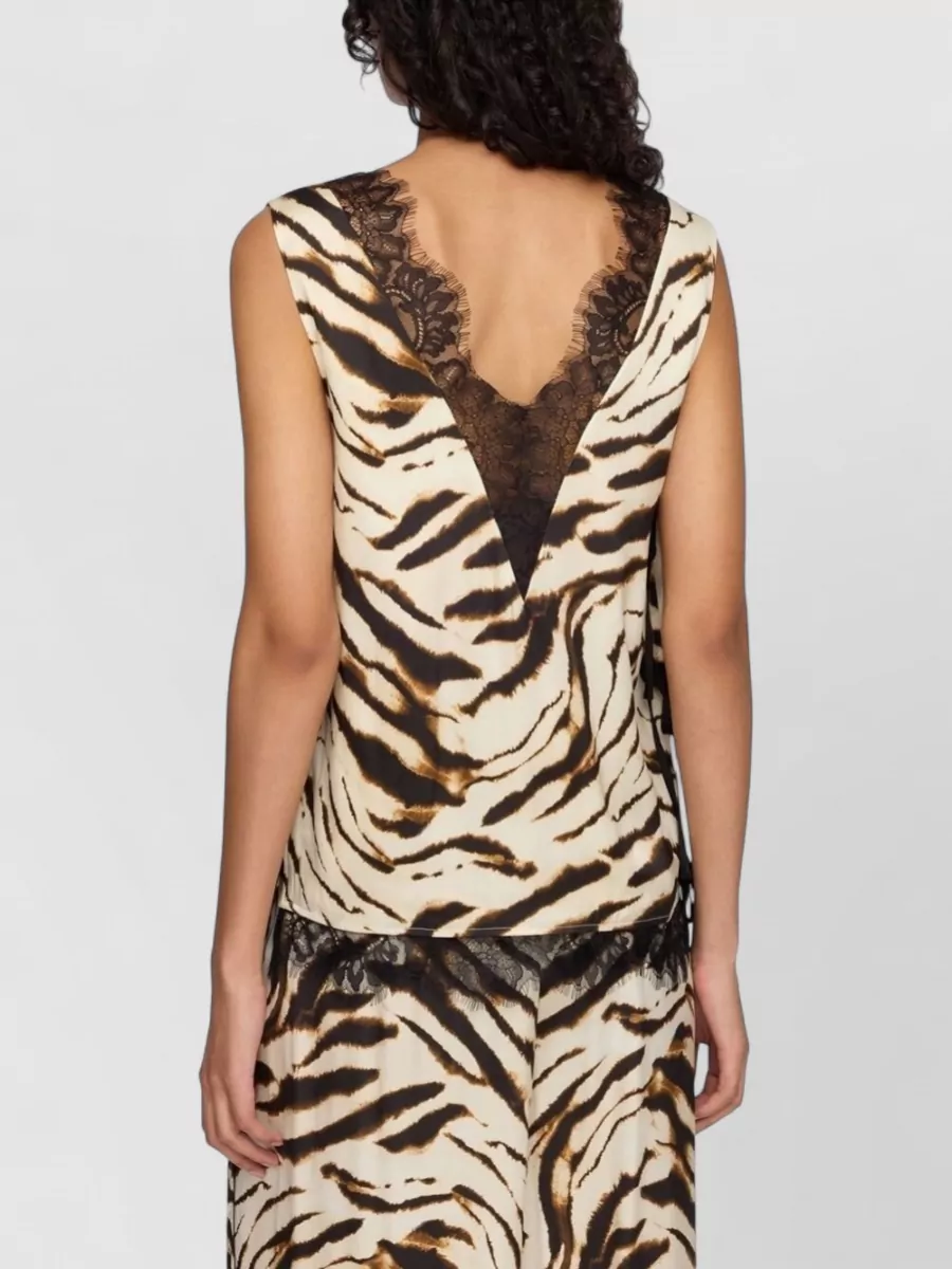 Ganni Printed Satin V-Neck Lace Slip Top