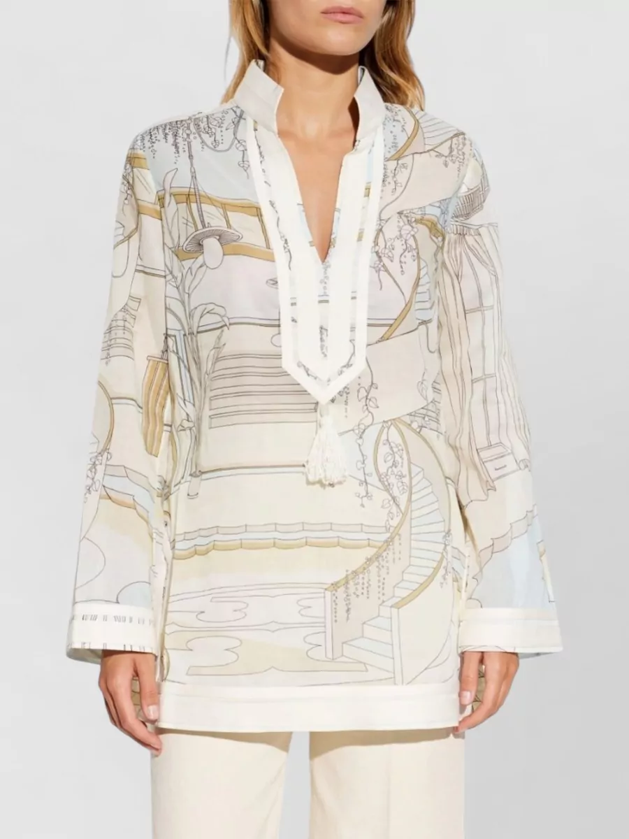 Tory Burch Printed Cotton V-Neck Long-Sleeve Tunic Dress
