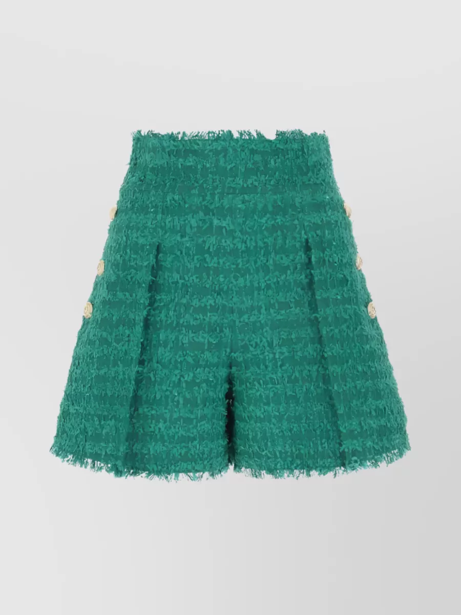 Shop Balmain High Waist Tweed Shorts In Cyan