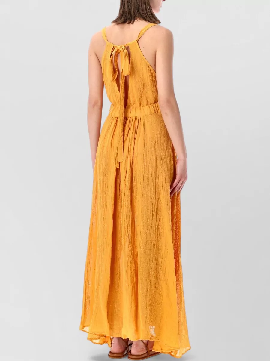 120% Lino Linen Crinkle-Effect Sleeveless V-Neck Open-Back Maxi Dress