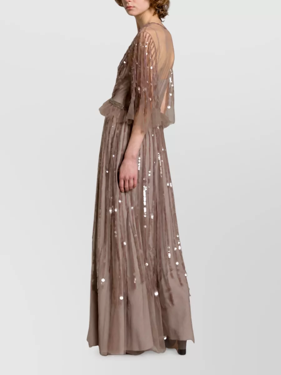 Alberta Ferretti Sequin-Embroidered V-Neck Long-Sleeve Maxi Dress