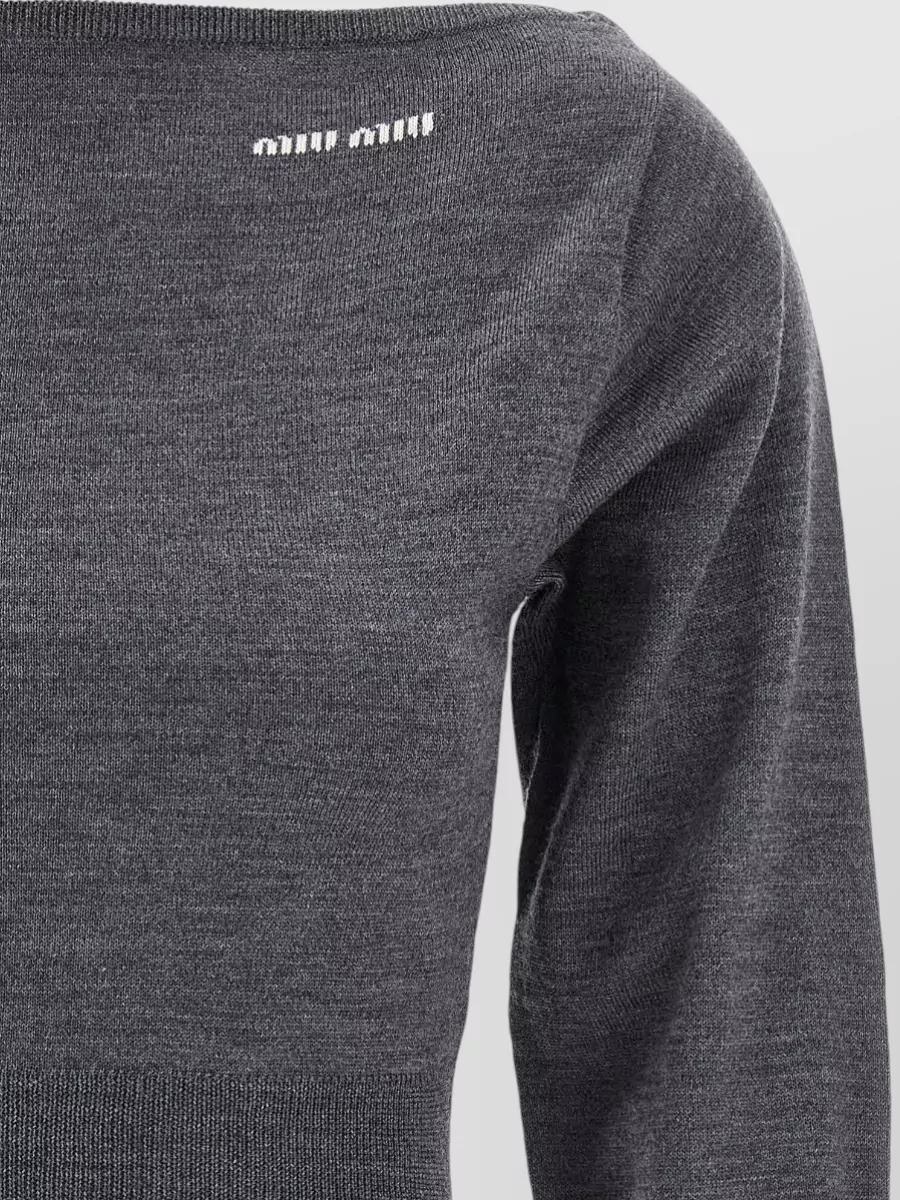 Miu Miu Wool Cropped Boat Neck Long-Sleeve Logo-Intarsia Knitted Top