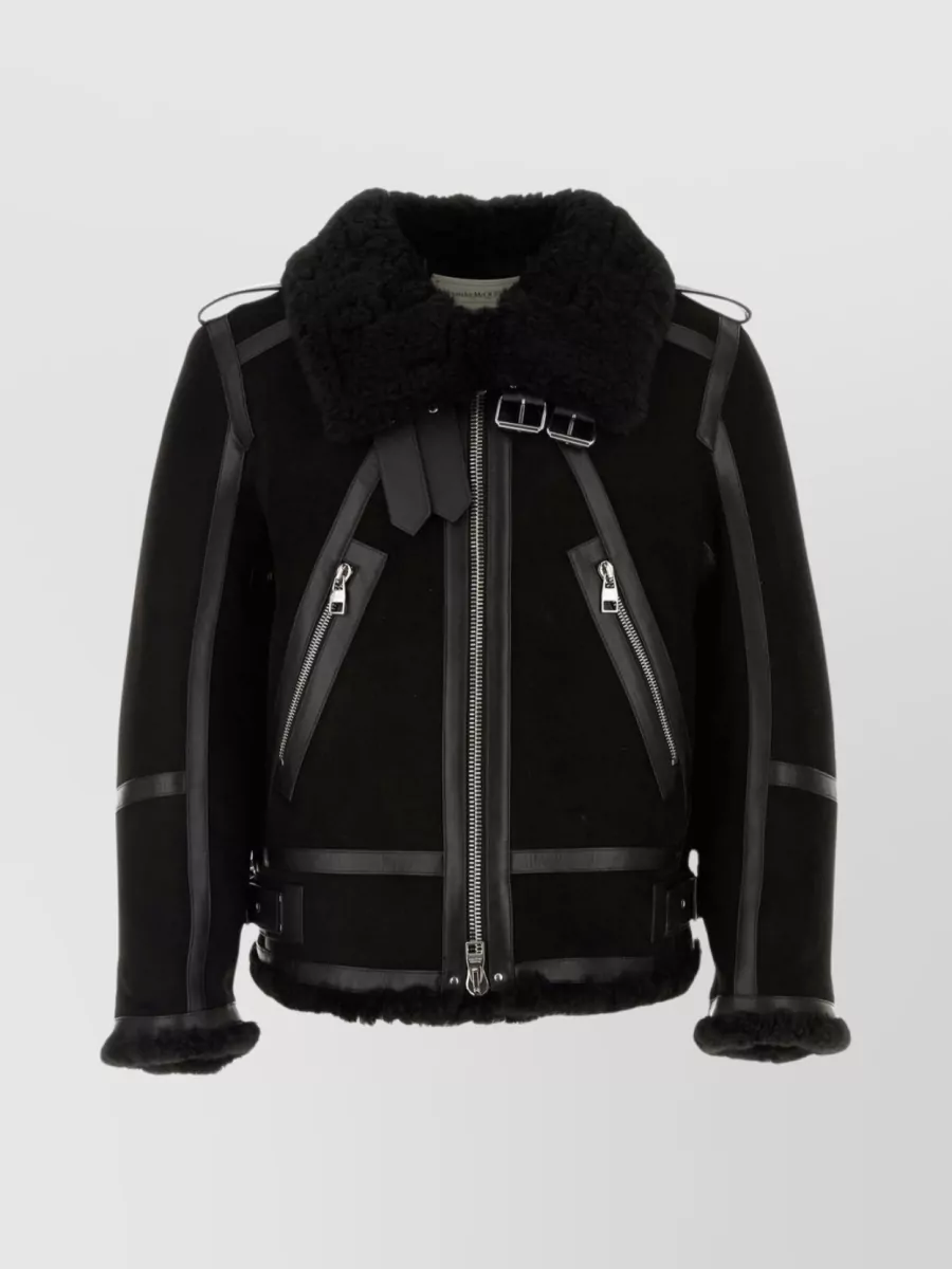 Shop Alexander Mcqueen Shearling And Nappa Leather Jacket With Adjustable Straps In Black