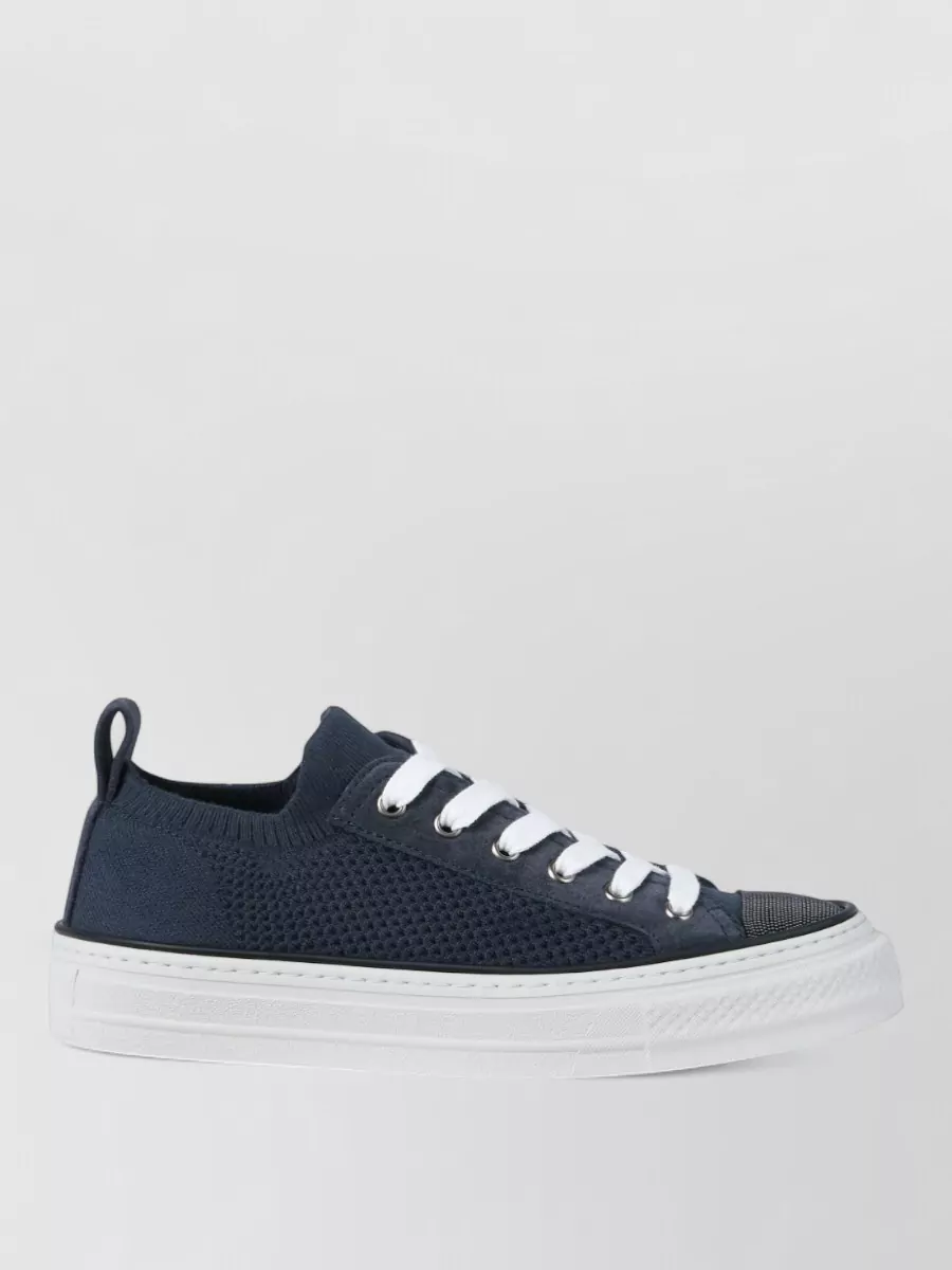 Brunello Cucinelli Leather Sneakers Round Toe Knit Upper