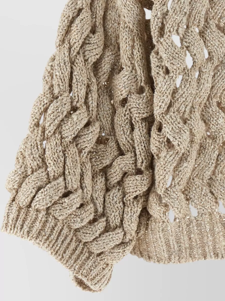 Brunello Cucinelli Silk Linen Openwork Sequin Cropped V-Neck Cardigan