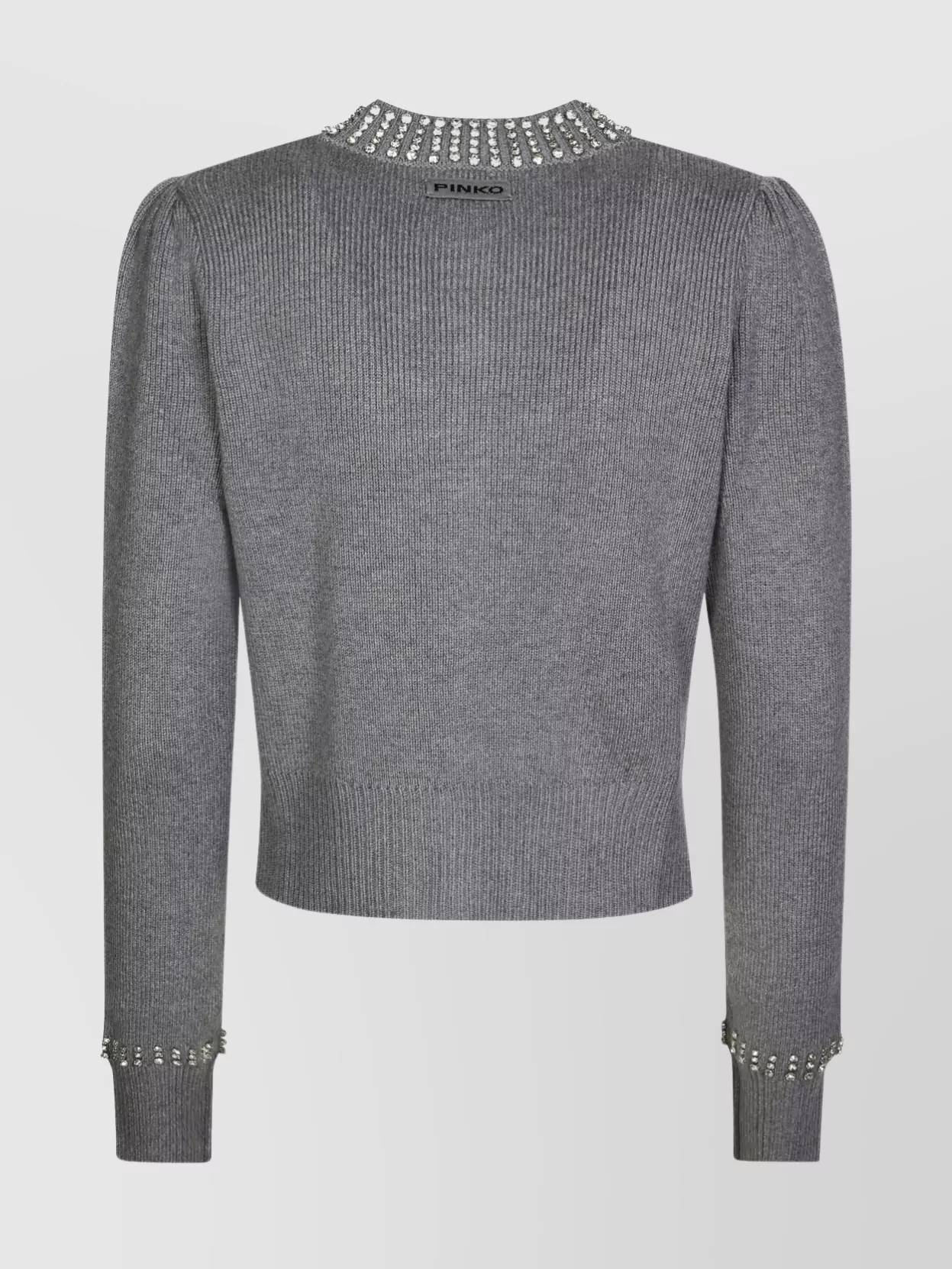 Pinko Grey Cardigan With Crystal Embellishments And Logo Patch On The Back In Cashmere Woman In Gray