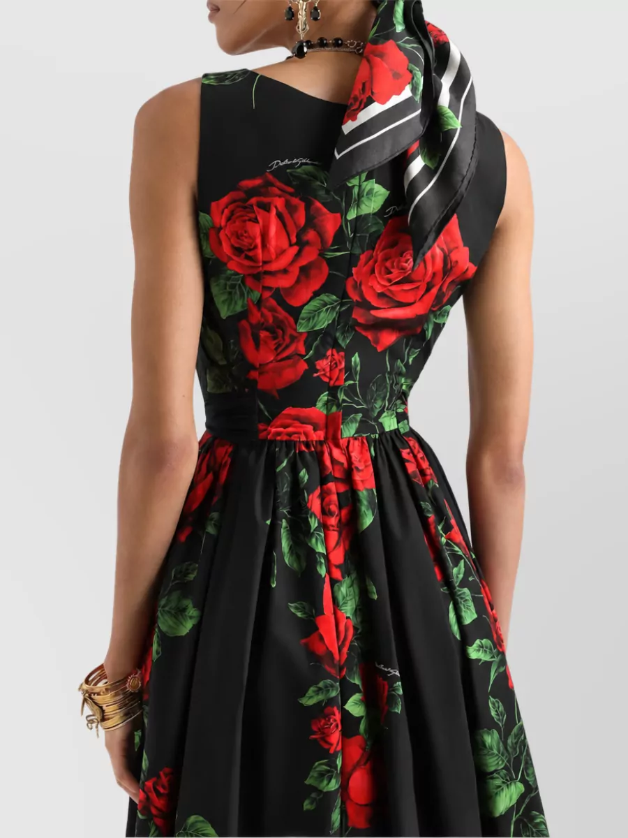 Dolce&Gabbana Cotton Sleeveless Boat Neck Floral Print Midi Dress