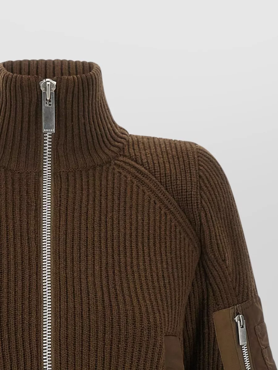 Sacai Wool Ribbed Cropped High Neck Zip Jumper