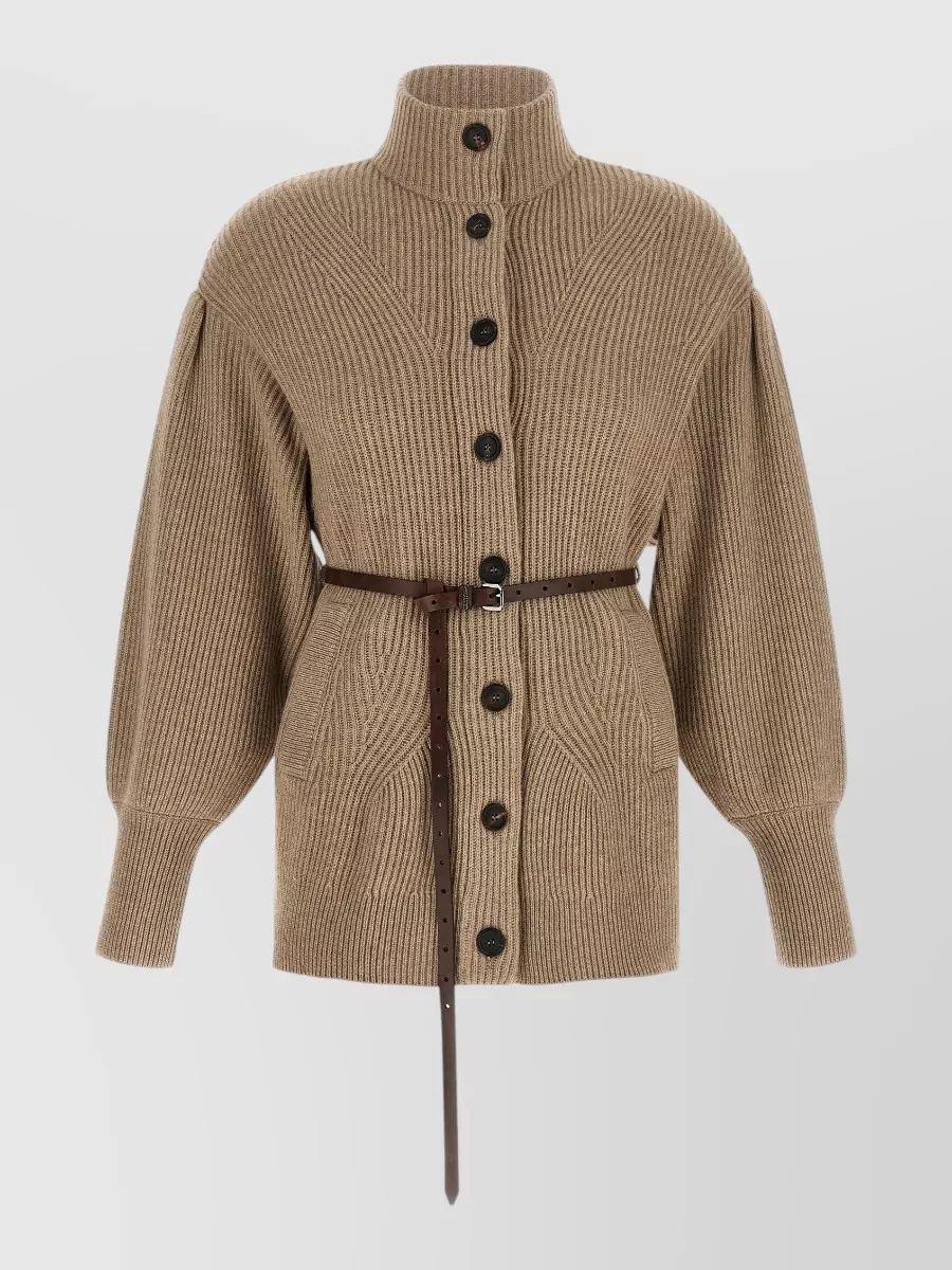 Brunello Cucinelli cashmere wool silk ribbed high neck belted cardigan