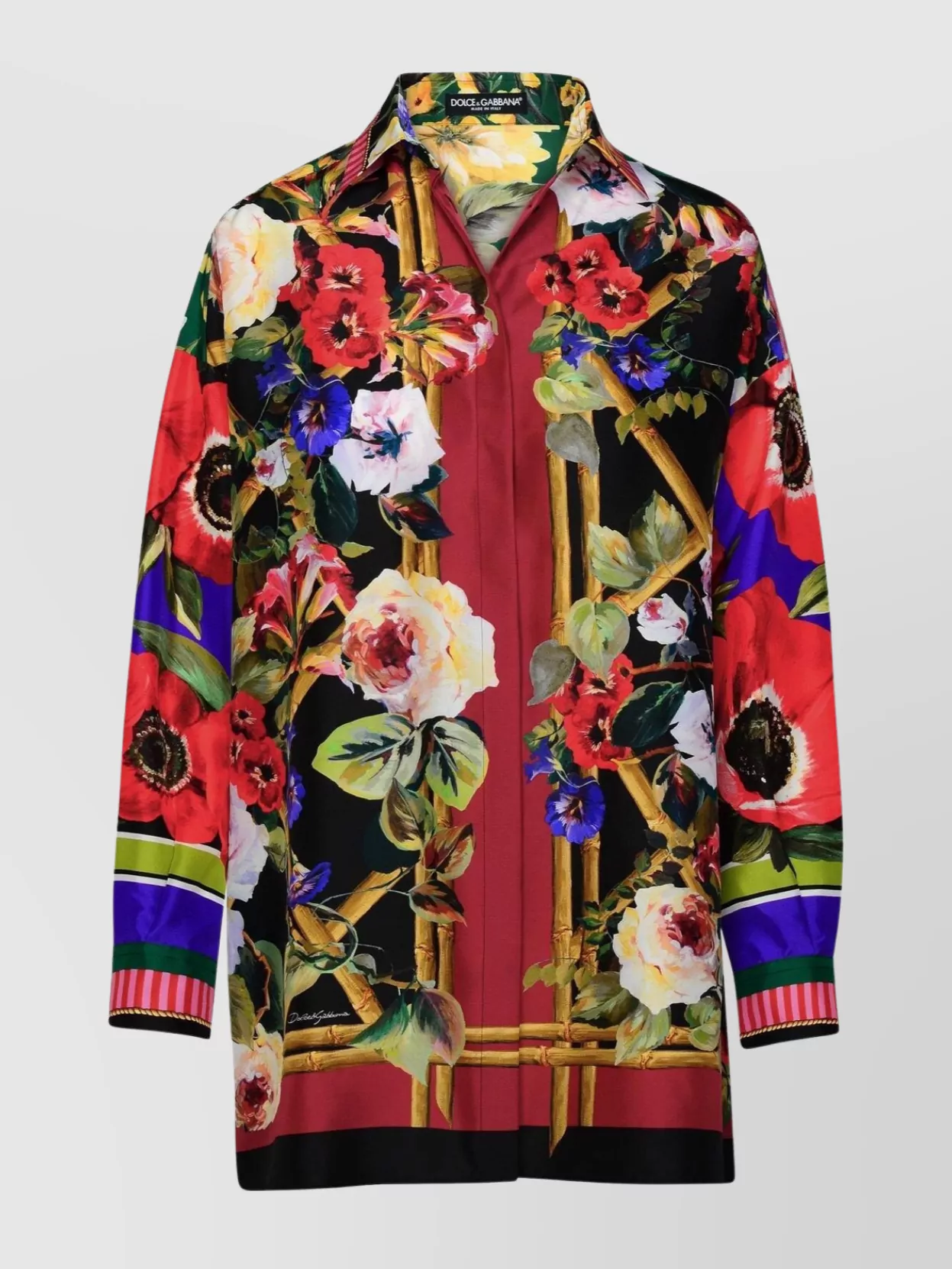 Dolce & Gabbana Striped Cuff Floral Pattern Silk Shirt In Multi