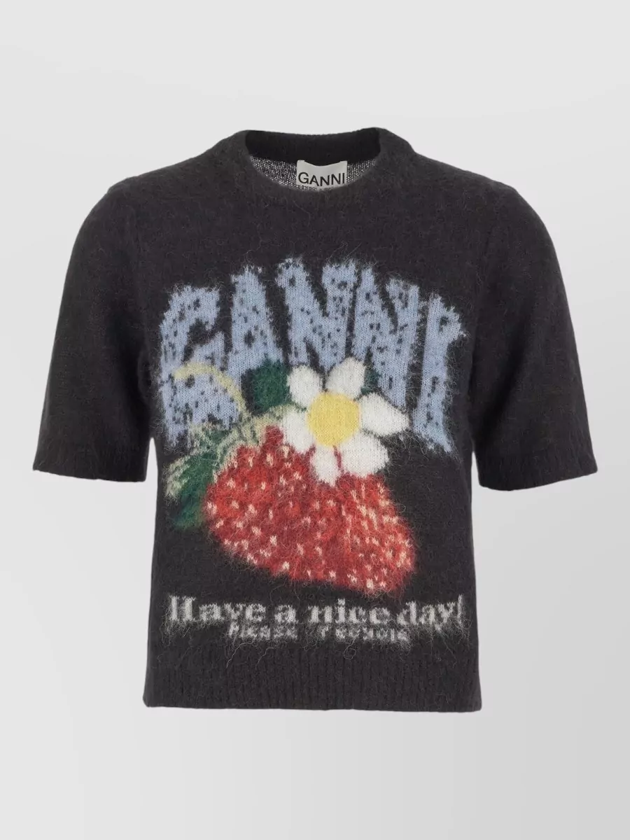 Ganni alpaca wool strawberry jacquard short sleeve sweater