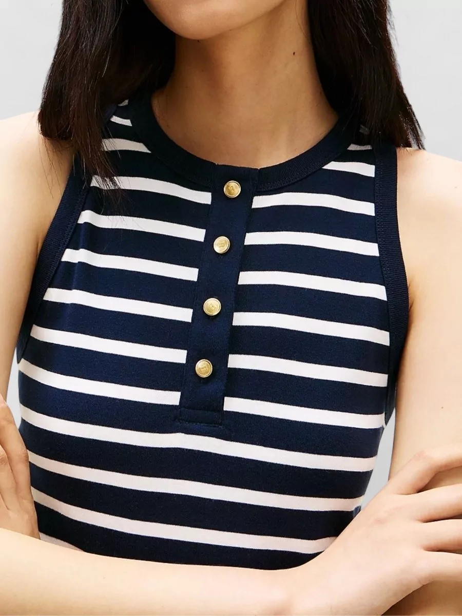 Tommy Hilfiger Sleeveless Dress Gold Buttons Striped Skirt