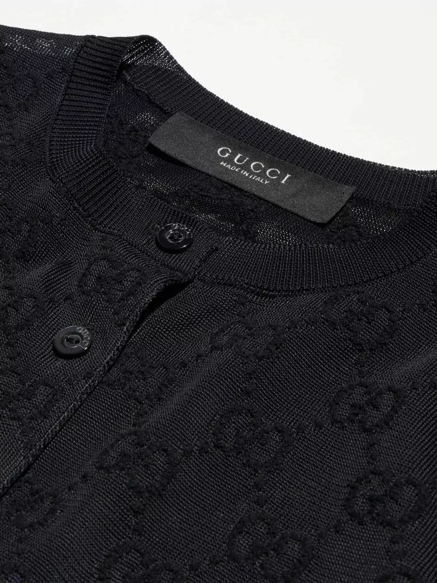 Gucci Viscose Crepe Gg Monogram Ribbed Crewneck Cardigan