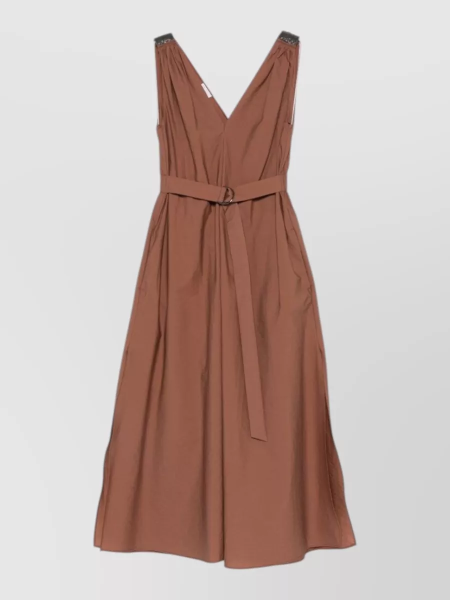 Brunello Cucinelli cotton poplin v-neck belted midi dress