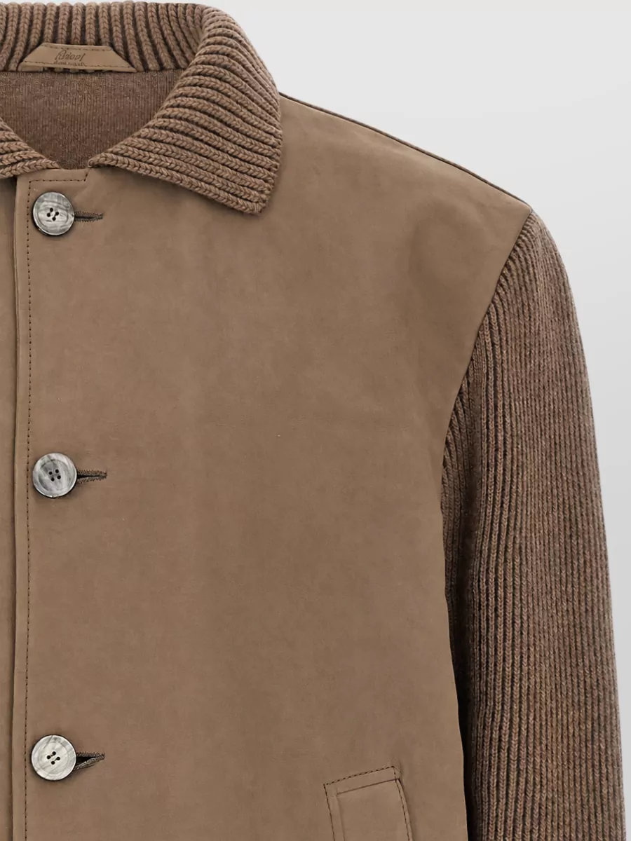 Brioni Leather Suede-Panel Ribbed-Knit Hybrid Jacket