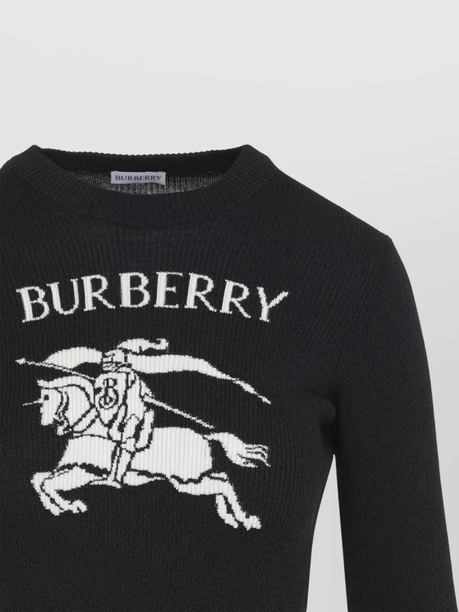 Burberry Wool Silk Fine Ribbed Logo Intarsia Sweater