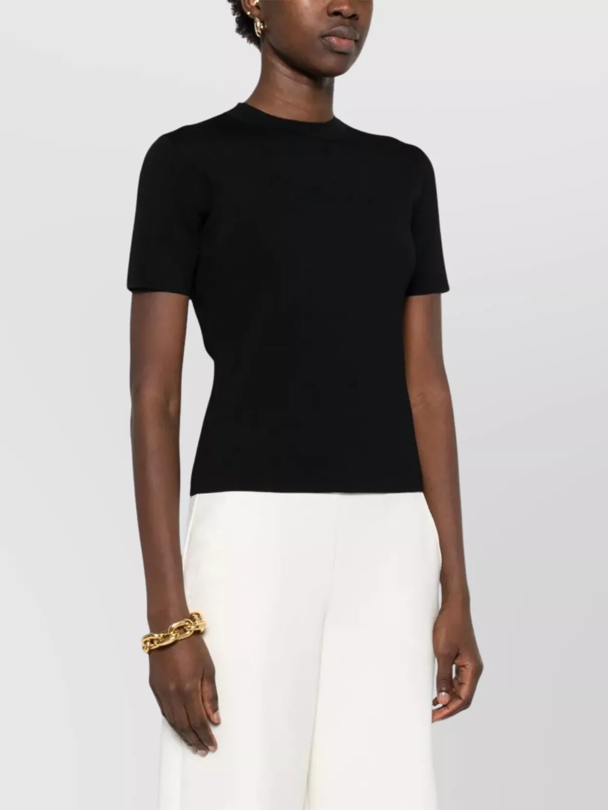 Max Mara Italian Crew Neck Ribbed Short Sleeve Top In Black