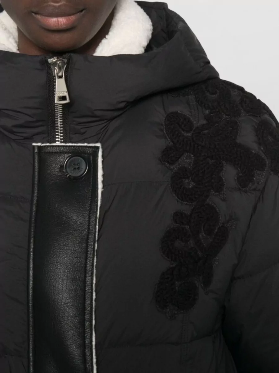 Ermanno Firenze Quilted Floral Appliqué Drawstring Hood Down Jacket
