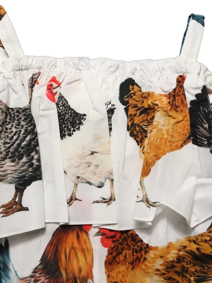 Dolce&Gabbana Cotton Rooster Print Off Shoulder Blouse