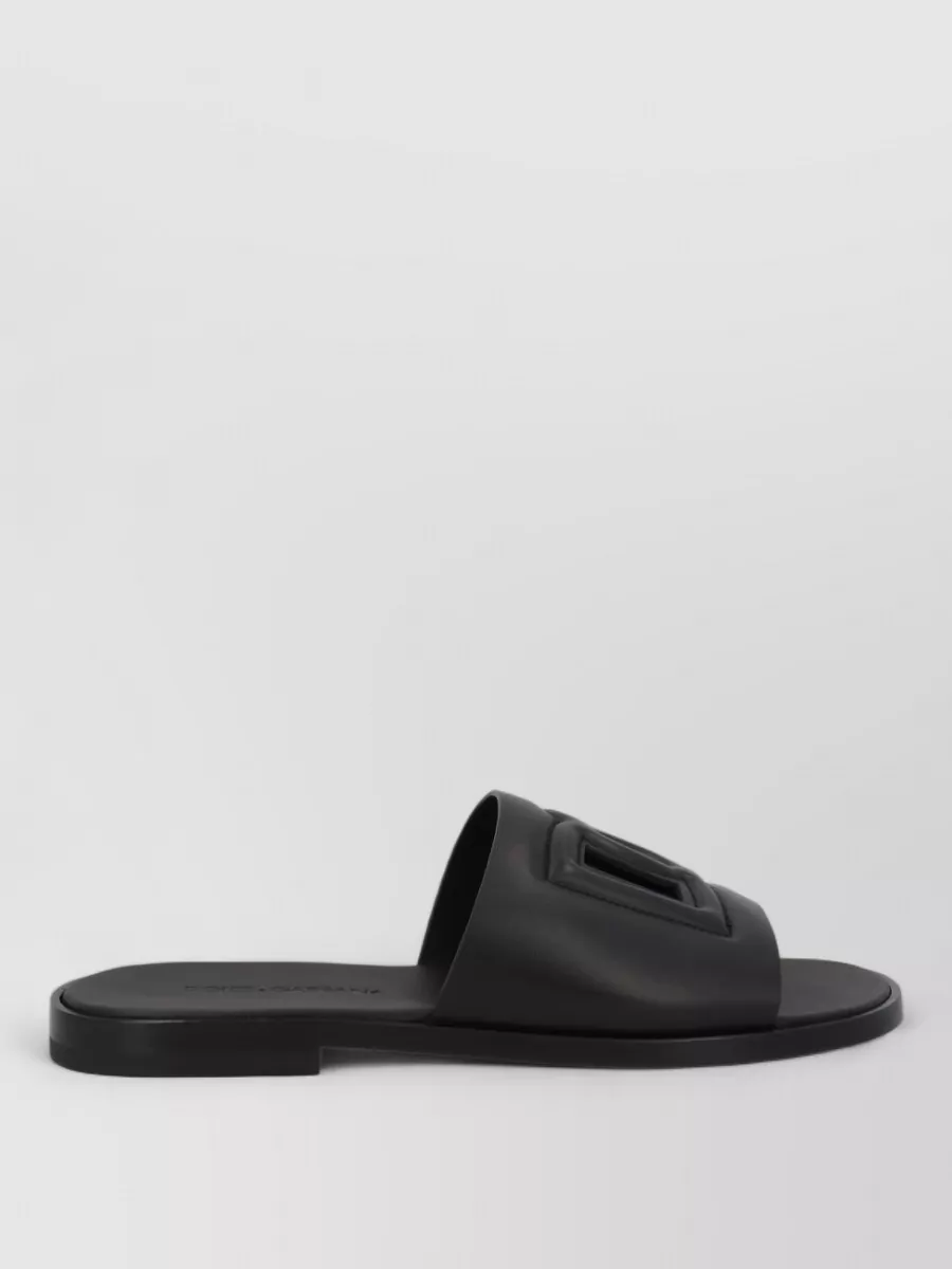 Dolce&Gabbana Leather Logo Slides Flat Sole Open Toe