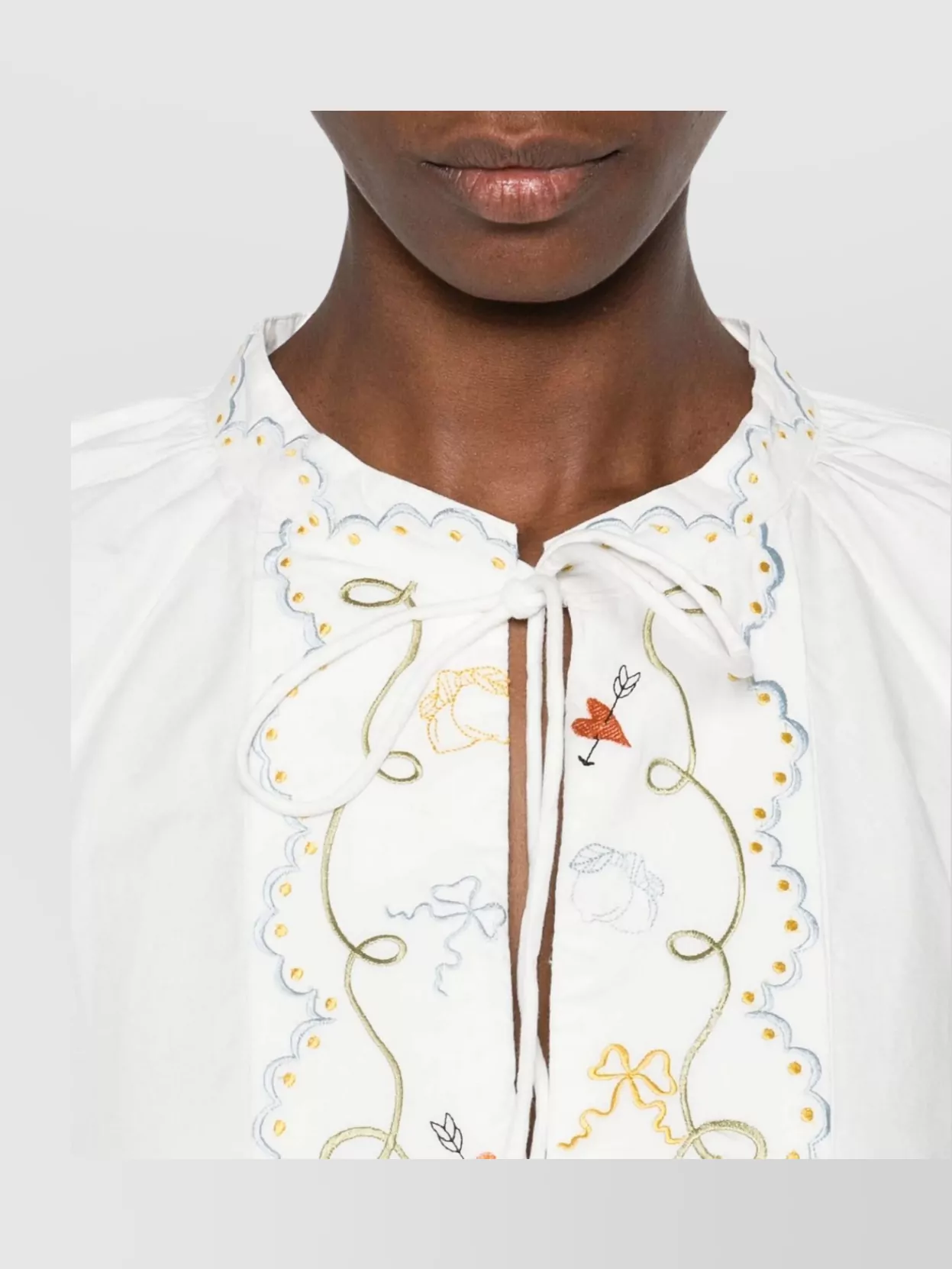 Alémais Puff Sleeve Embroidered Blouse With Tie Neck