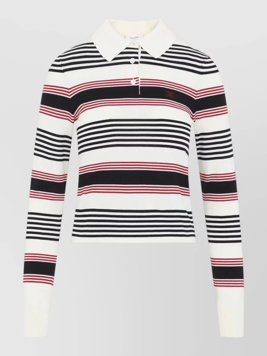 Celine Striped Ribbed Knit Polo Top