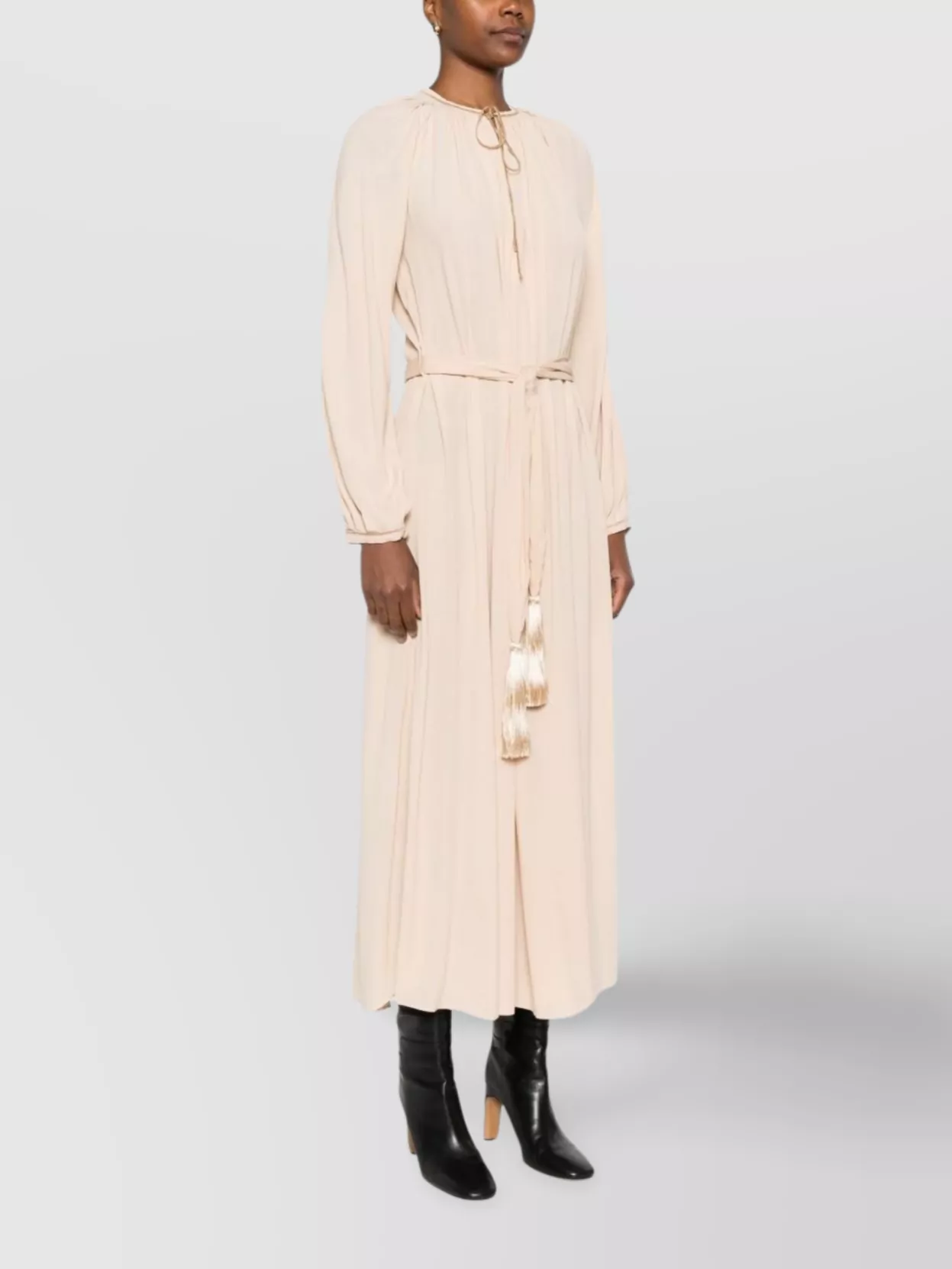 Forte Forte Long Dress With Pleated Design And Belt In Neutral