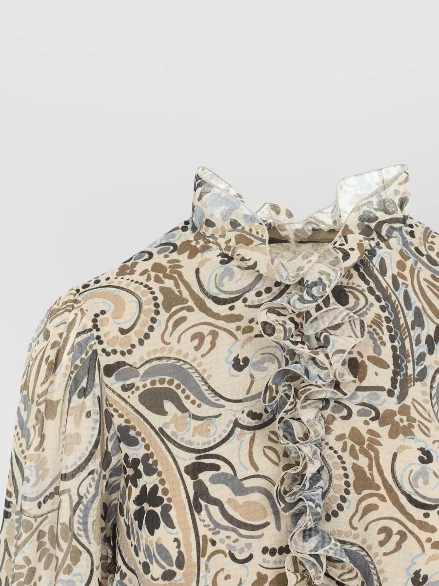 Etro Paisley Ruffled High-Neck Long-Sleeve Mini Dress