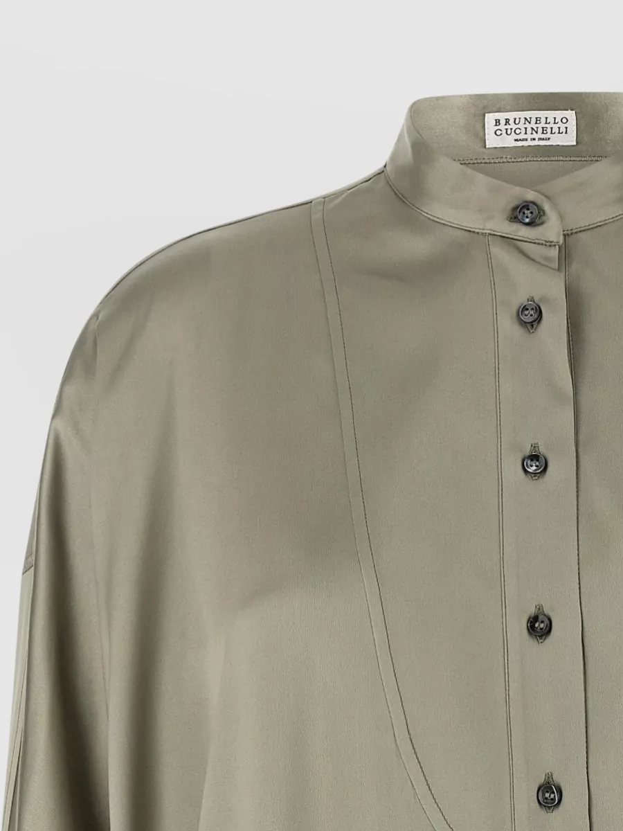 Brunello Cucinelli Silk Satin Mandarin Collar Long-Sleeve Shirt