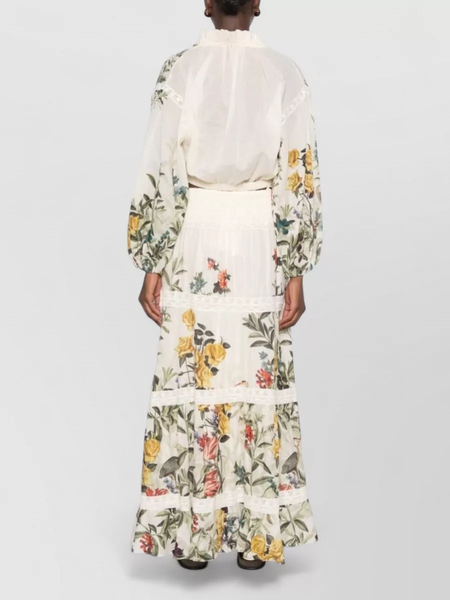 Alice + Olivia Floral-Print Lace-Trim Ruffled V-Neck Long-Sleeve Cropped Blouse