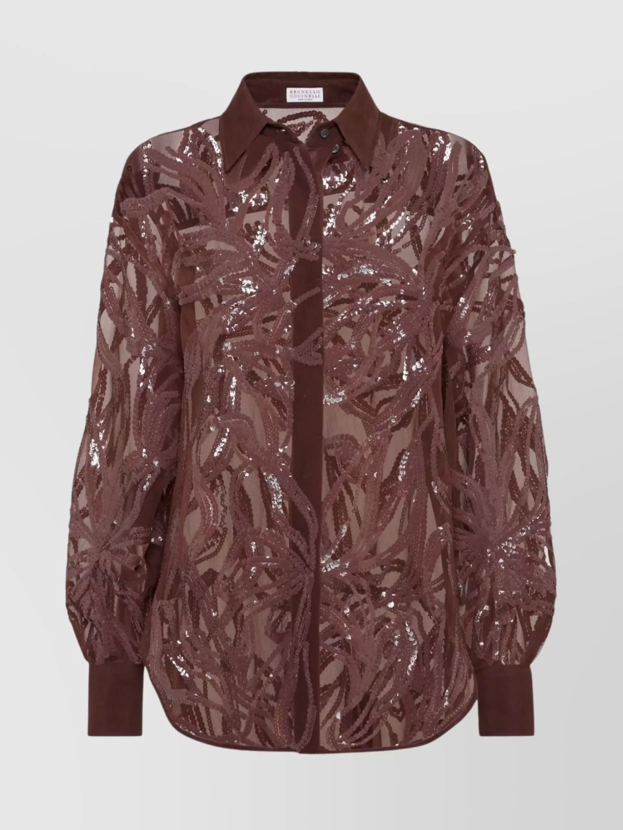 Brunello Cucinelli Floral Sequin Embellished Silk Collared Top In Brown