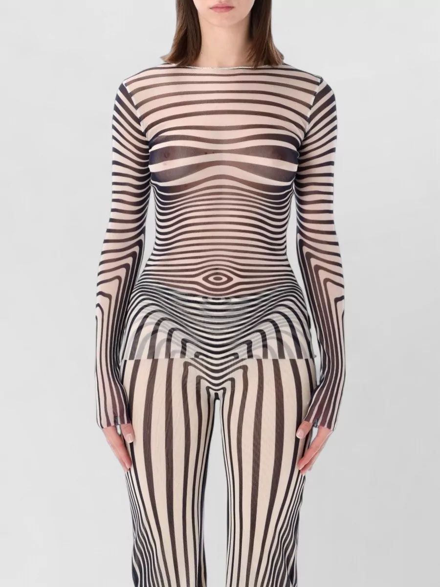 Jean Paul Gaultier Mesh Striped Long-Sleeve Boat Neck Top