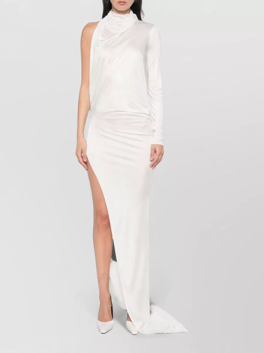 Gucci Draped One-Shoulder Long-Sleeve Side-Slit Maxi Dress
