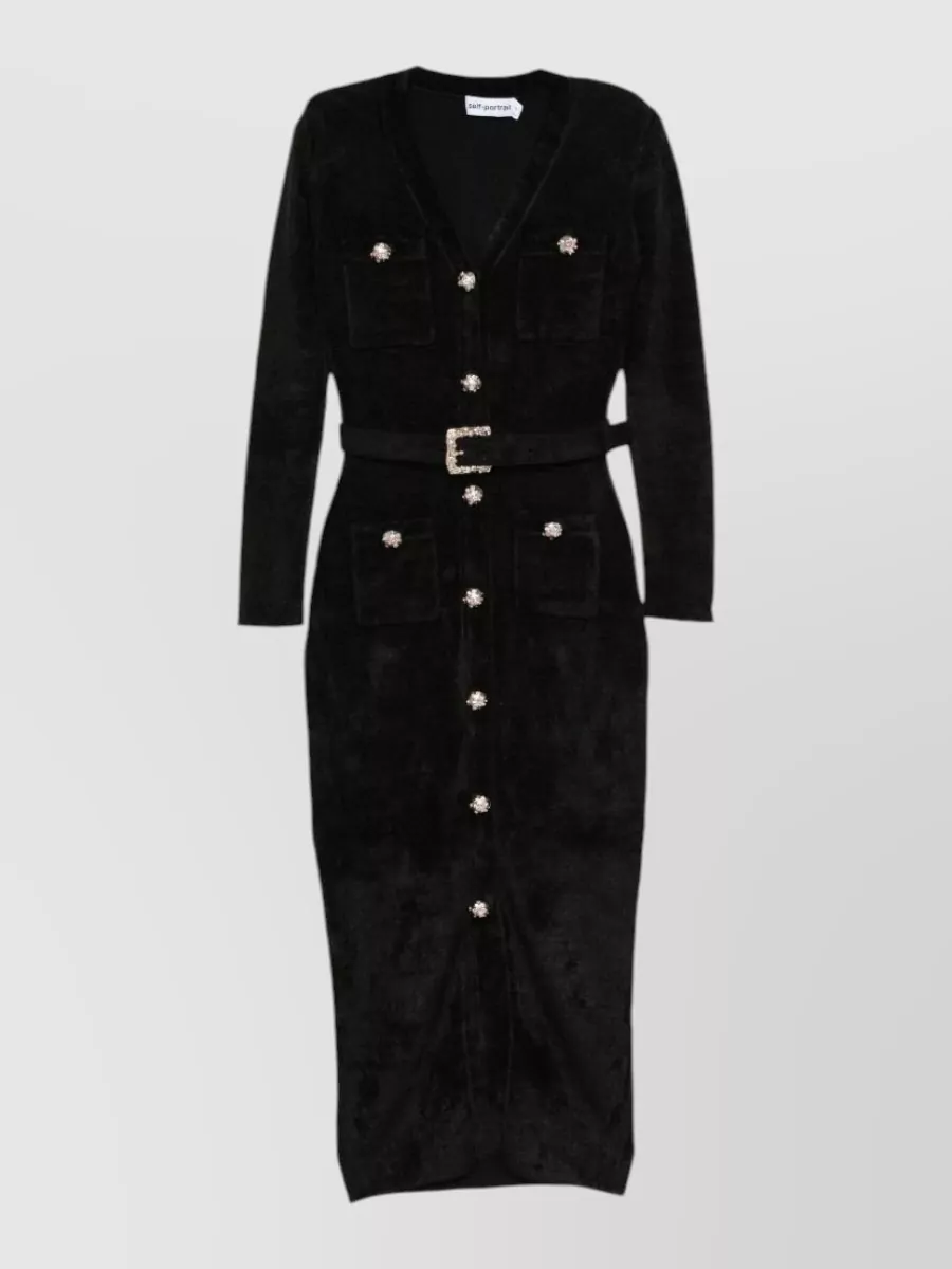 Self-Portrait chenille belted v-neck midi dress