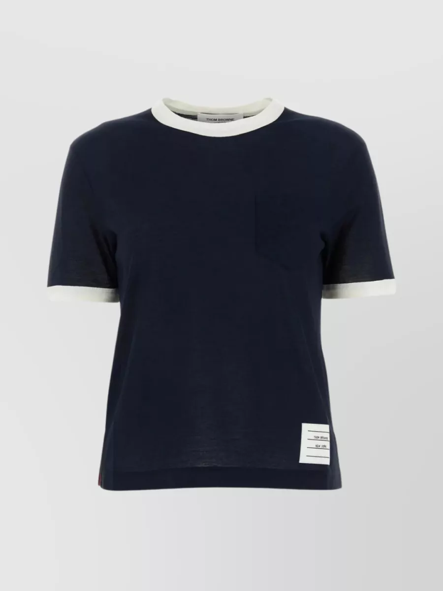 Shop Thom Browne Cotton T-shirt With Ribbed Crew-neck And Contrasting Trimmings In Blue