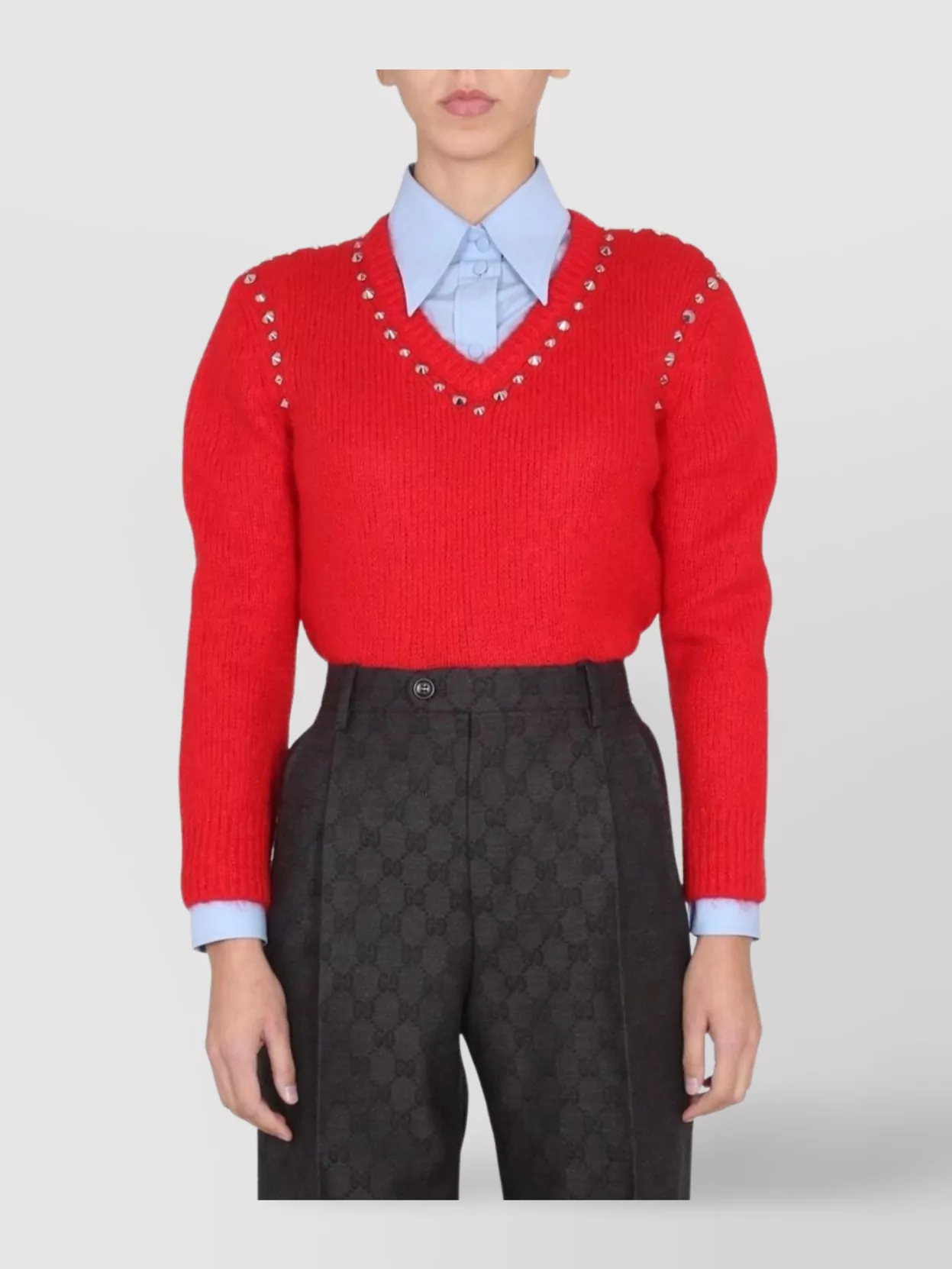 Gucci V-neck Mohair Knit Sweater Stud Embellishments In Red