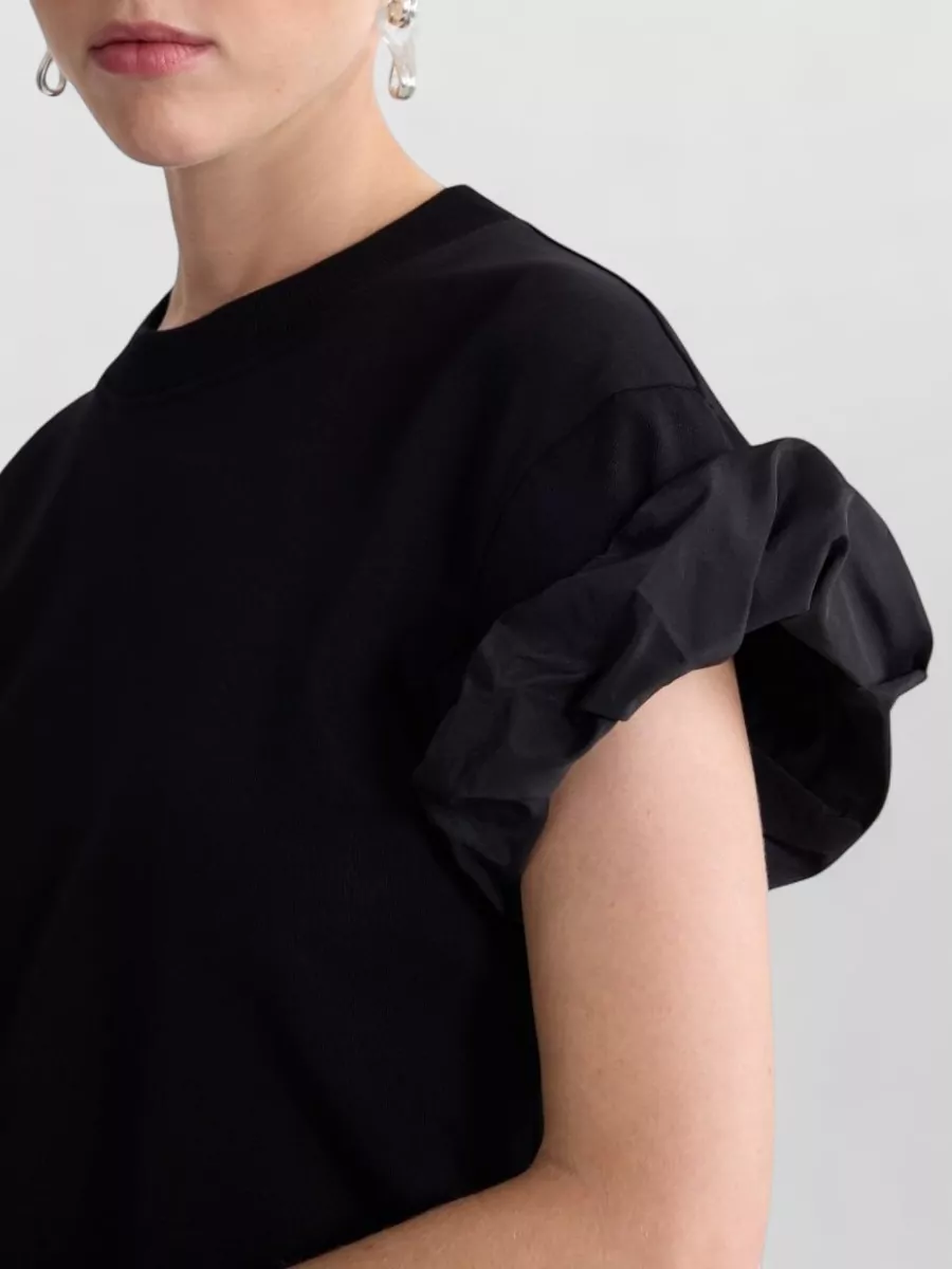 Patou Silk Blend Top Crew Neck Ruffled Sleeves