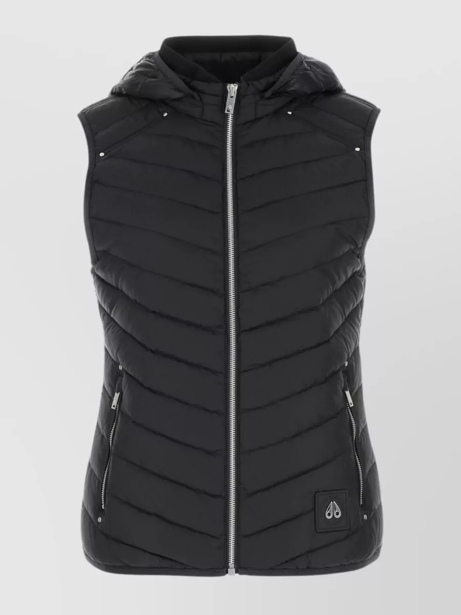 Shop Moose Knuckles Sleeveless Quilted High Collar Down Jacket With Hood In Grey