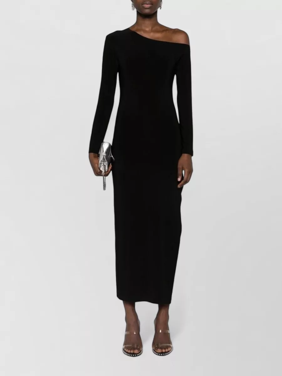 Norma Kamali Boat Neck Drop Shoulder Three Quarter Sleeve Side Slit Column Midi Dress
