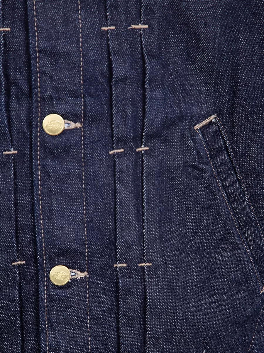 Dickies Pleated Denim Jacket Front Pockets Stitching In Blue