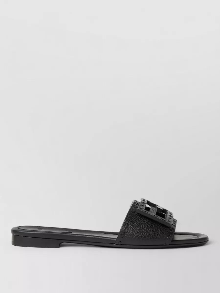 Fendi Flat Sole Open Toe Textured Strap Slides In Black